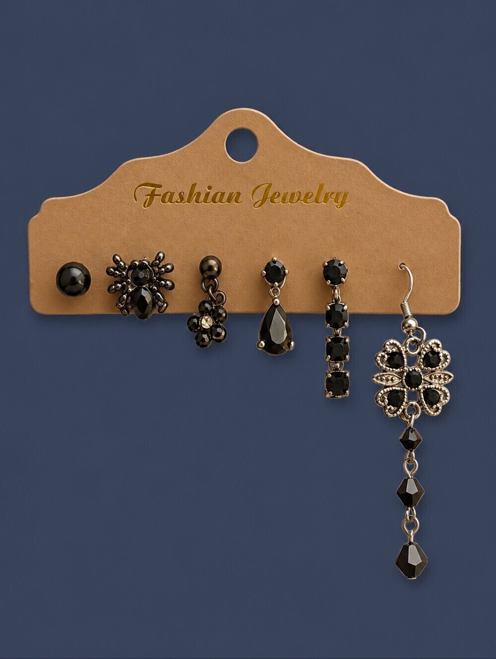 Set of Six Single Black Gothic Baddie Dangle and Post Earrings